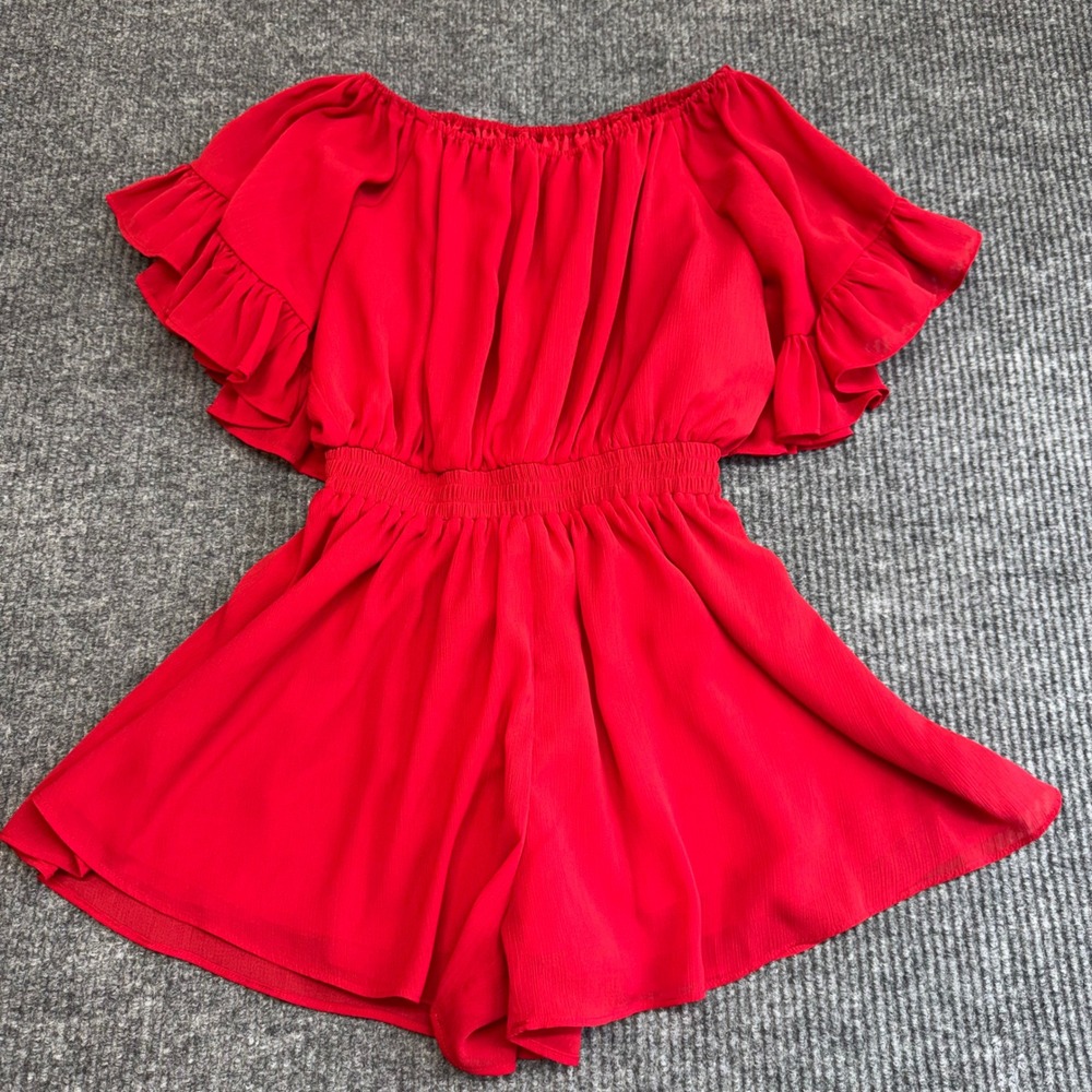 KITTENISH Off Shoulder Romper Red Ruffle Sleeve‎ Cinched Waist Small
